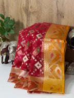 Ruby Red Organza Silk Patola Saree with Mustard Yellow Border