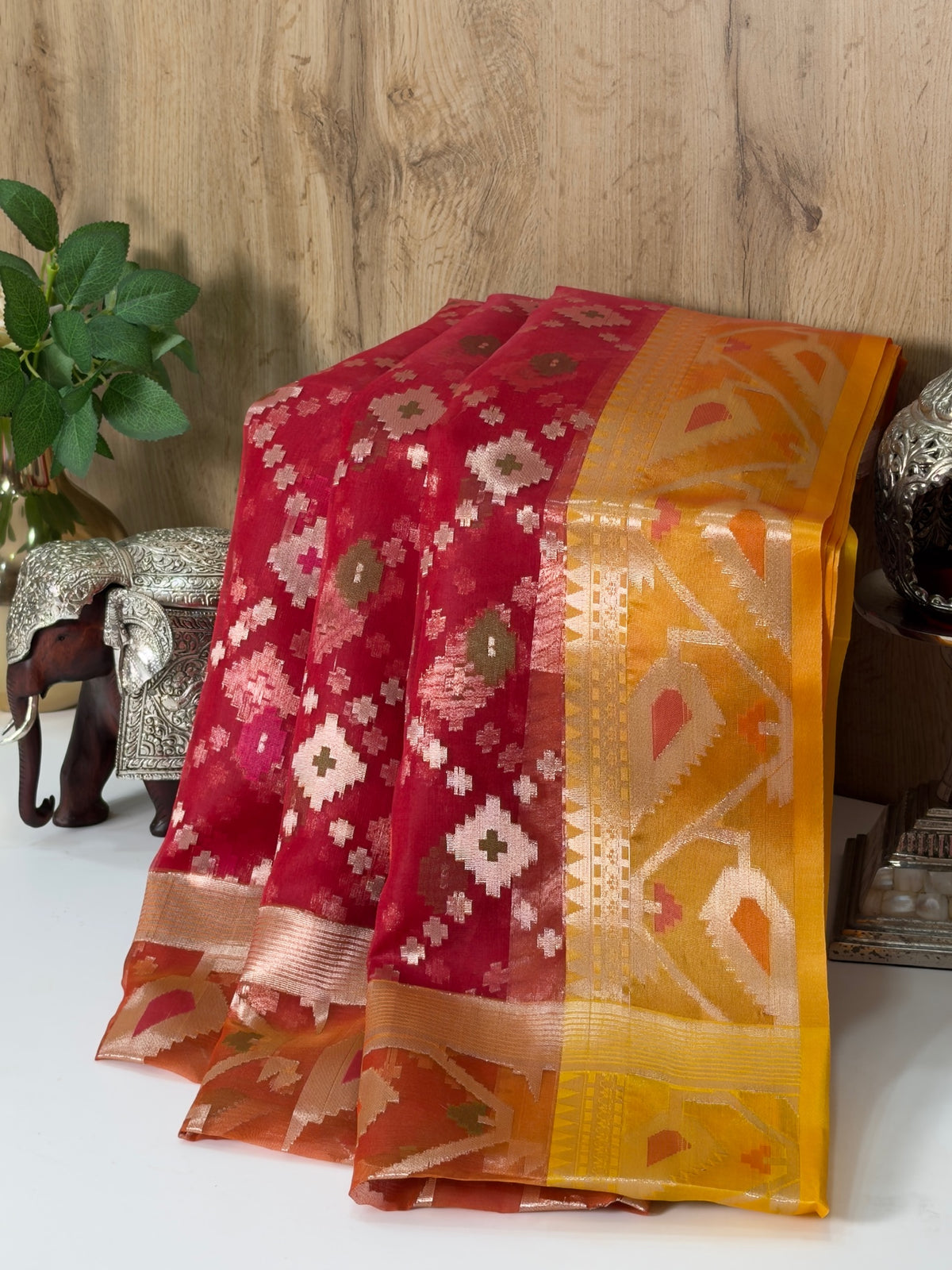 Ruby Red Organza Silk Patola Saree with Mustard Yellow Border