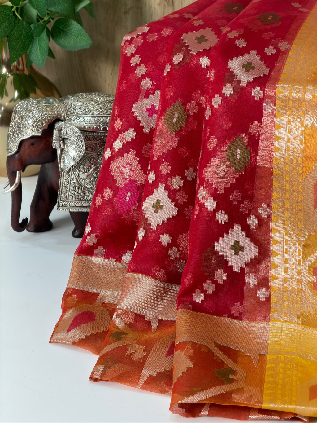 Ruby Red Organza Silk Patola Saree with Mustard Yellow Border