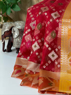 Ruby Red Organza Silk Patola Saree with Mustard Yellow Border