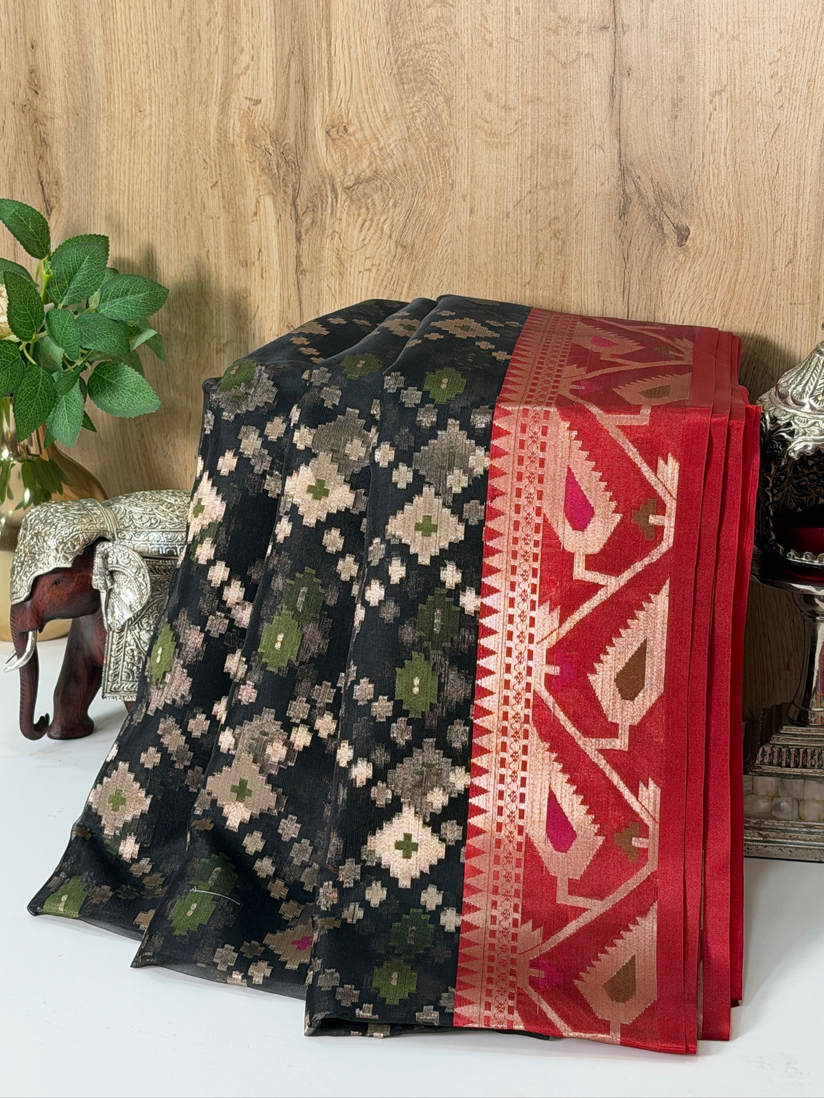 Black Organza Silk Patola Saree with Red Geometric Border