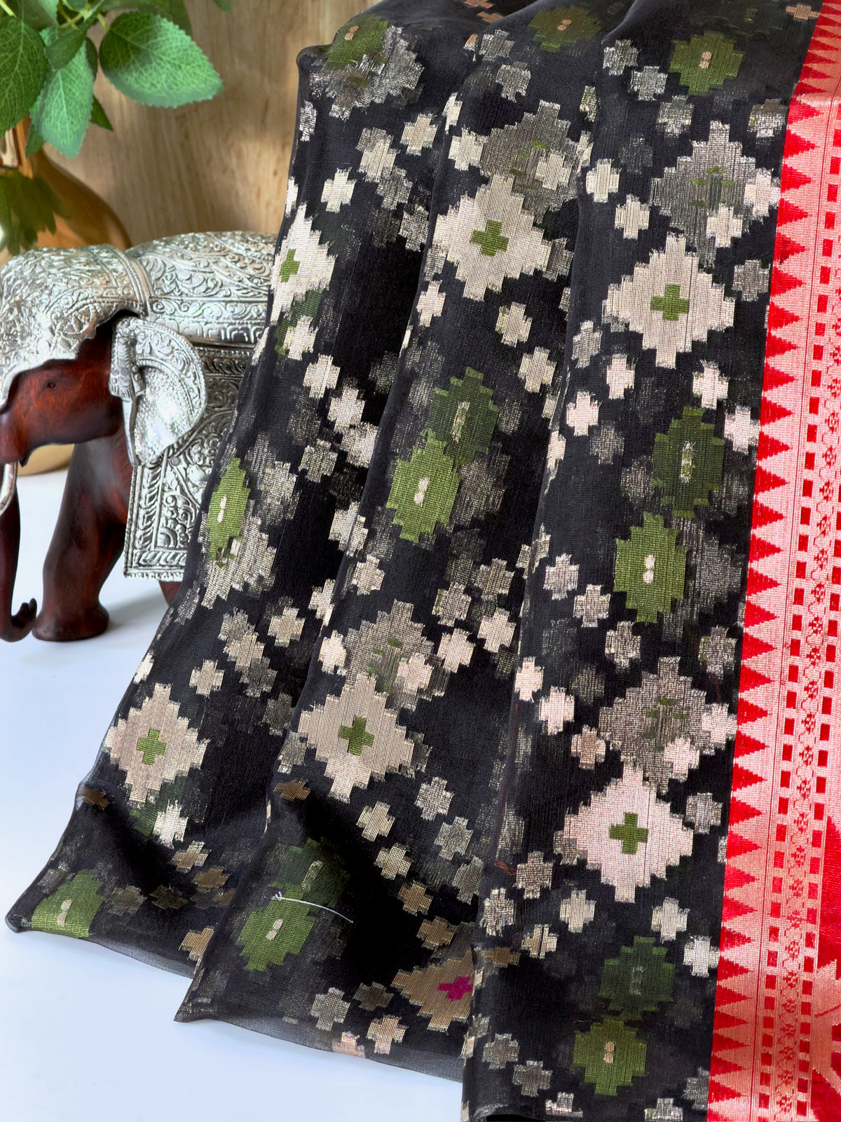 Black Organza Silk Patola Saree with Red Geometric Border
