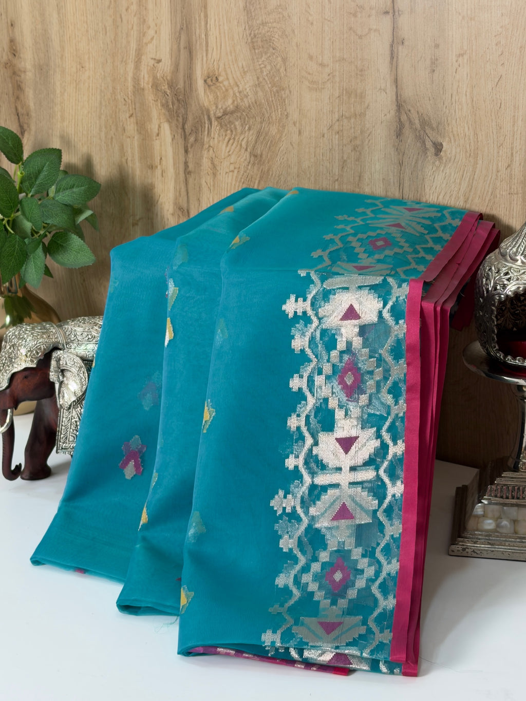 Turquoise Blue Organza Jamdani Meenkari Saree with Floral Border