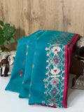 Turquoise Blue Organza Jamdani Meenkari Saree with Floral Border