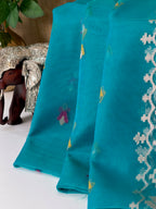 Turquoise Blue Organza Jamdani Meenkari Saree with Floral Border