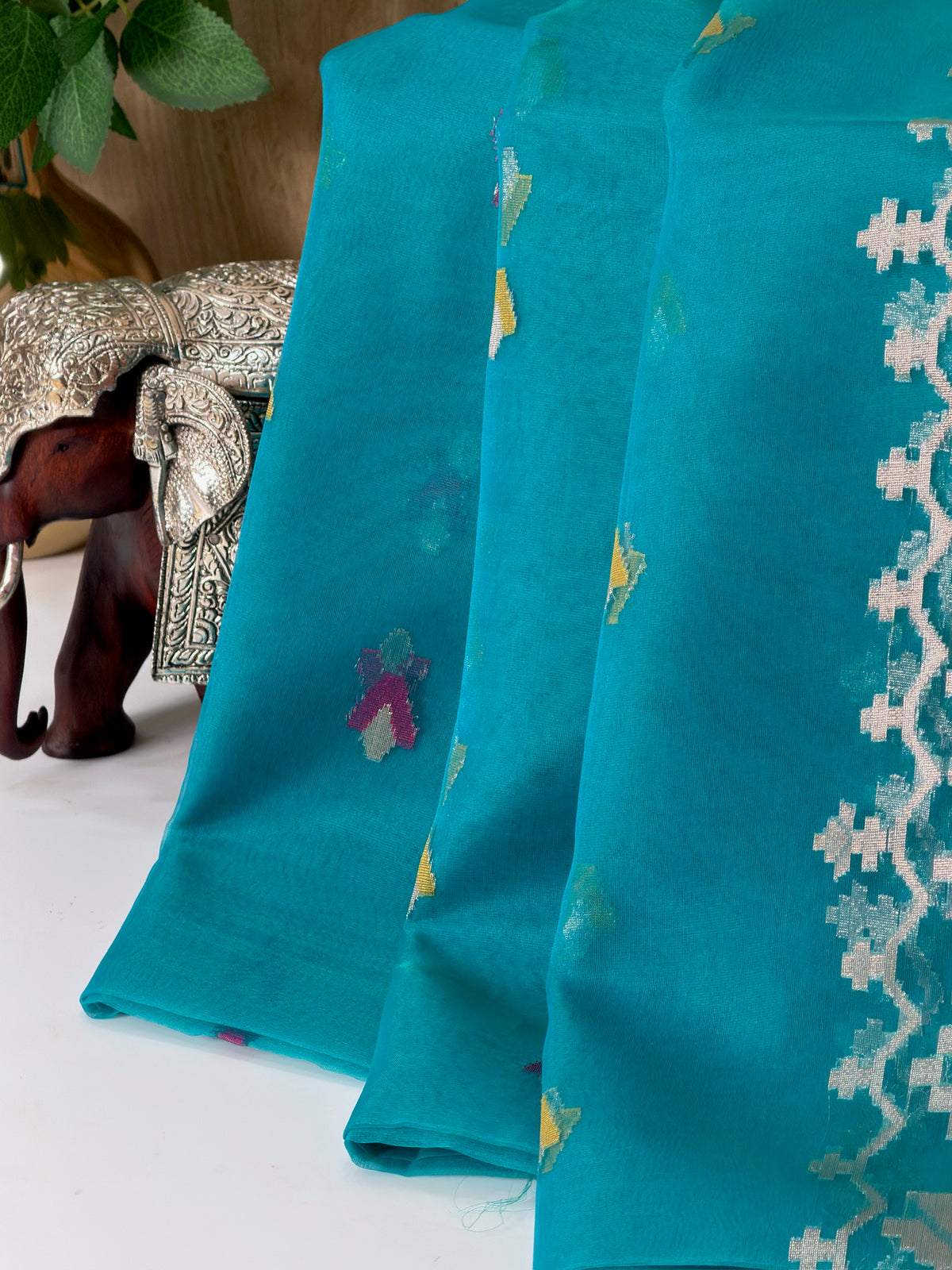 Turquoise Blue Organza Jamdani Meenkari Saree with Floral Border