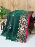 Deep Teal Green Organza Jamdani Meenkari Saree with Floral Border
