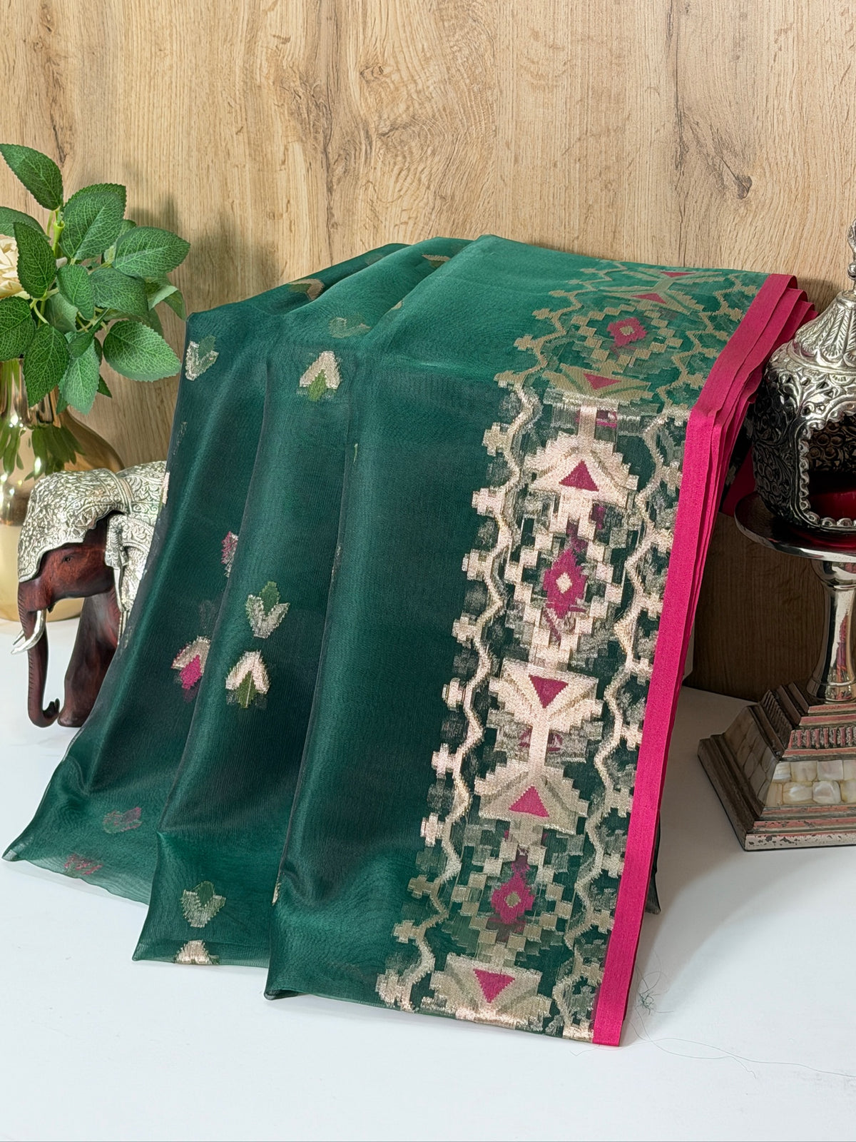 Deep Teal Green Organza Jamdani Meenkari Saree with Floral Border
