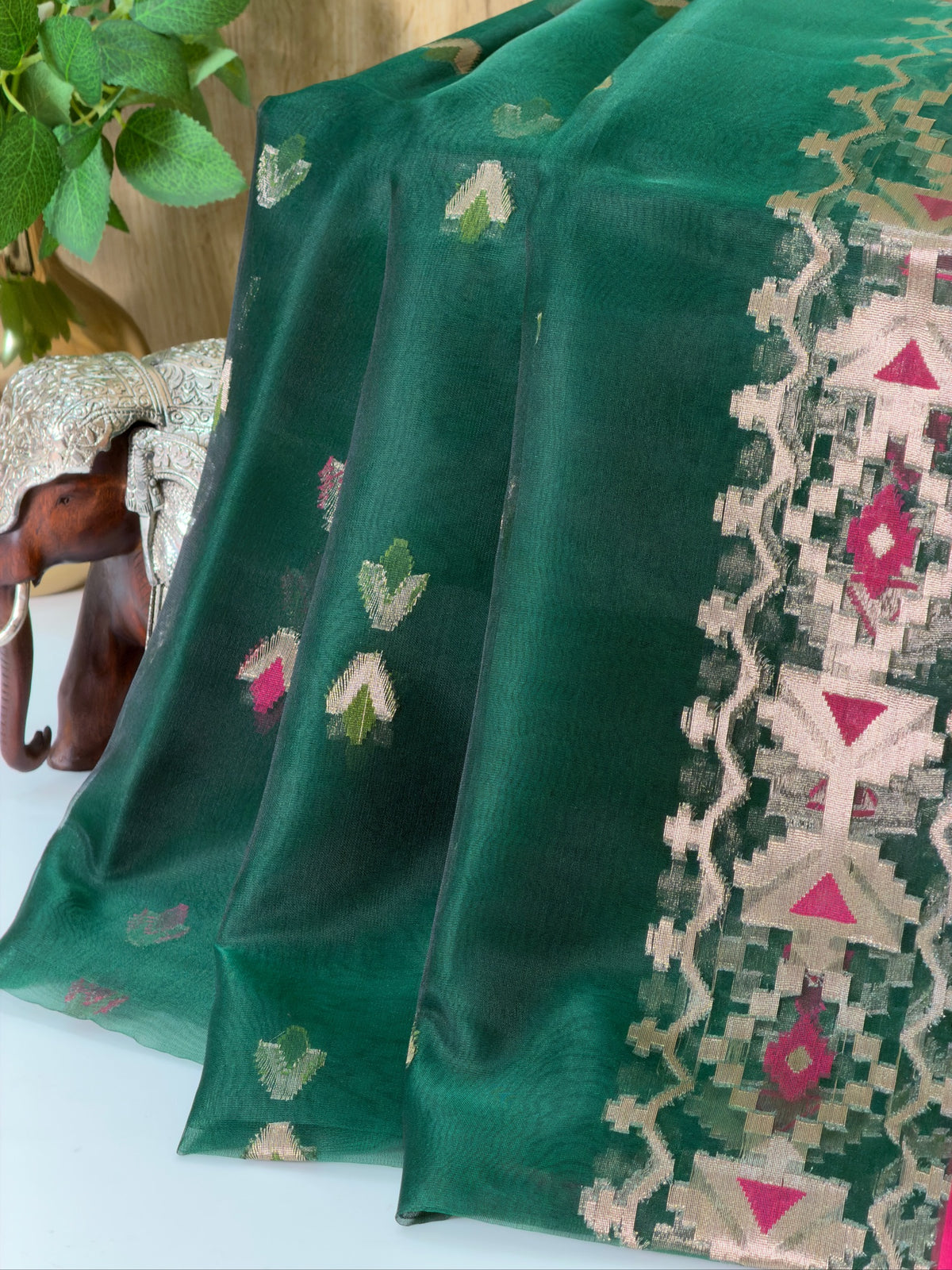 Deep Teal Green Organza Jamdani Meenkari Saree with Floral Border
