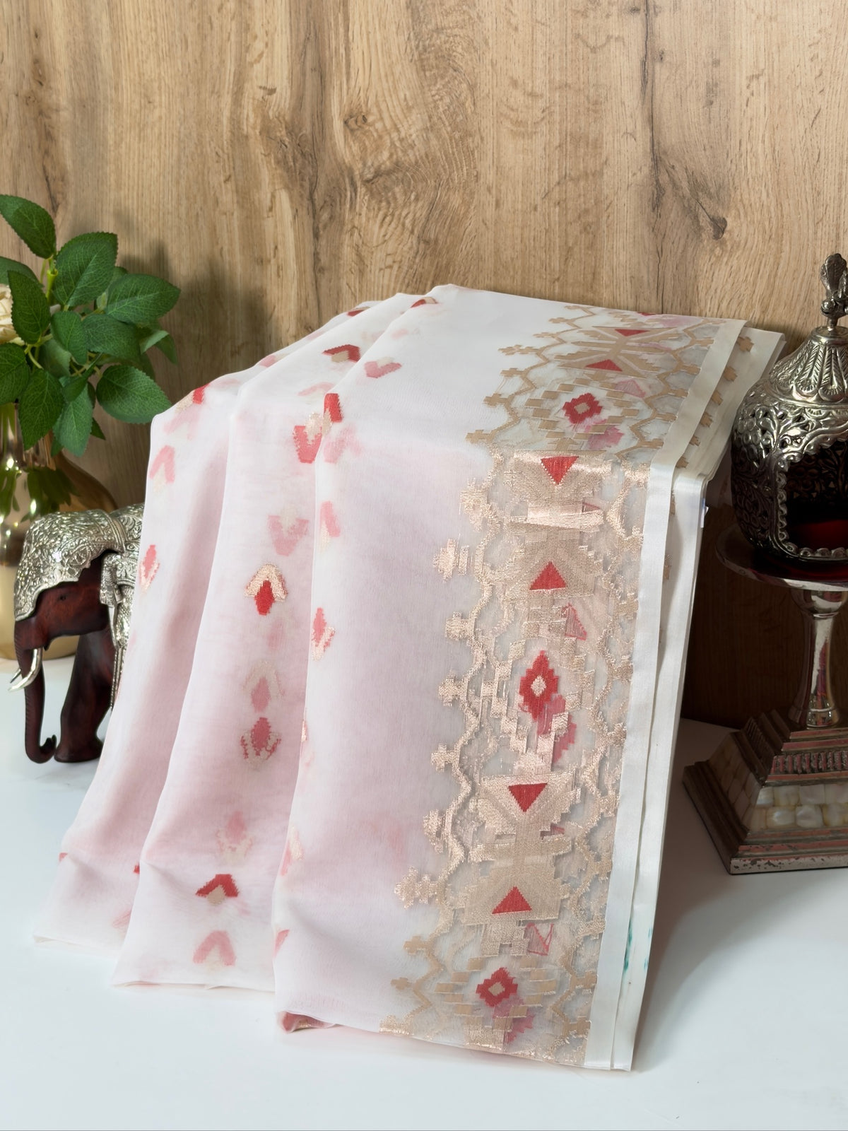 Ivory White Organza Jamdani Patola Saree with Meenkari Border