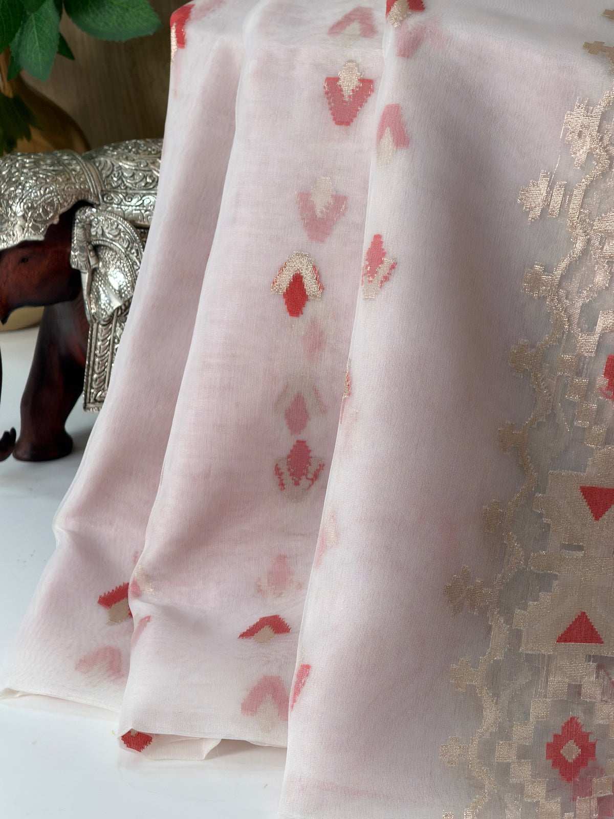 Ivory White Organza Jamdani Patola Saree with Meenkari Border