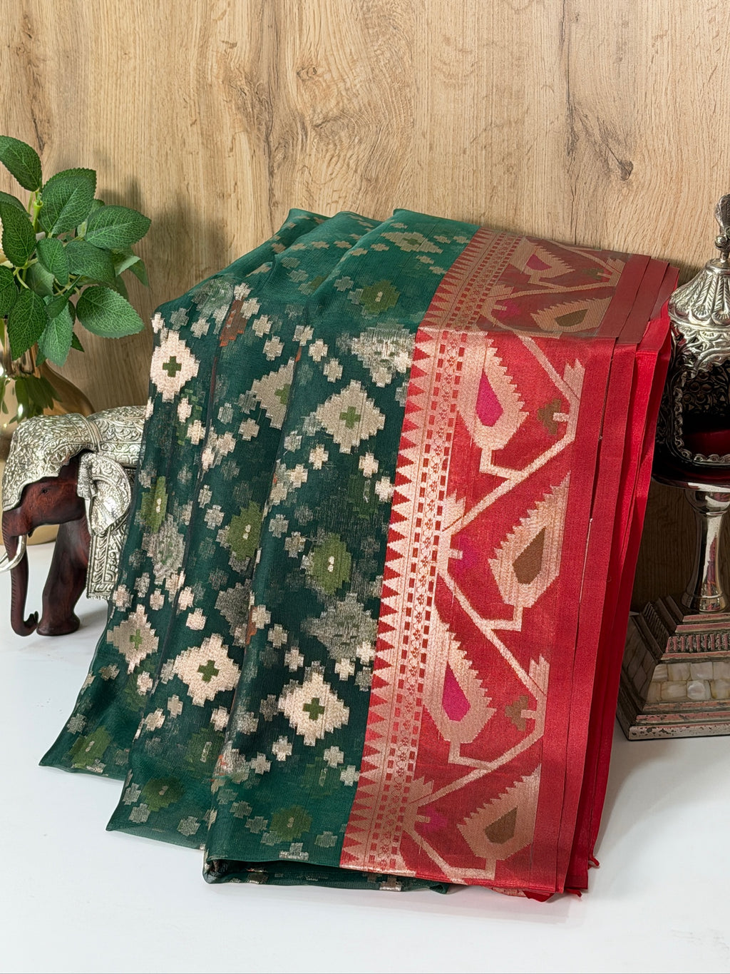Deep Teal Green Organza Jamdani Patola Saree with Red Geometric Border
