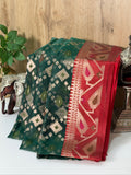 Deep Teal Green Organza Jamdani Patola Saree with Red Geometric Border
