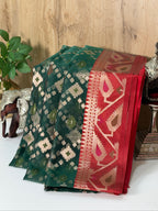 Deep Teal Green Organza Jamdani Patola Saree with Red Geometric Border
