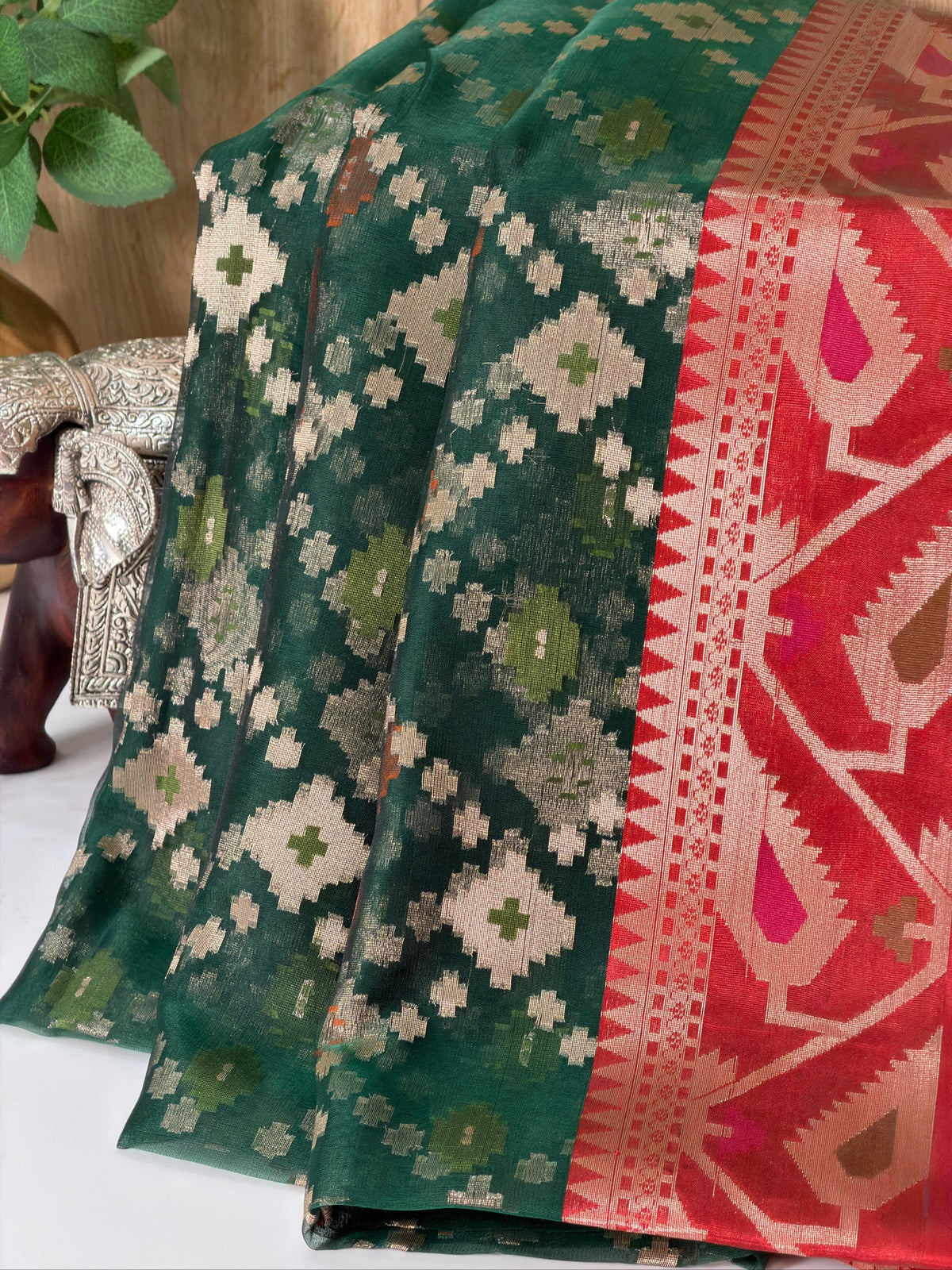 Deep Teal Green Organza Jamdani Patola Saree with Red Geometric Border
