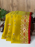 Mustard Yellow Organza Jamdani Patola Saree with Red Geometric Border