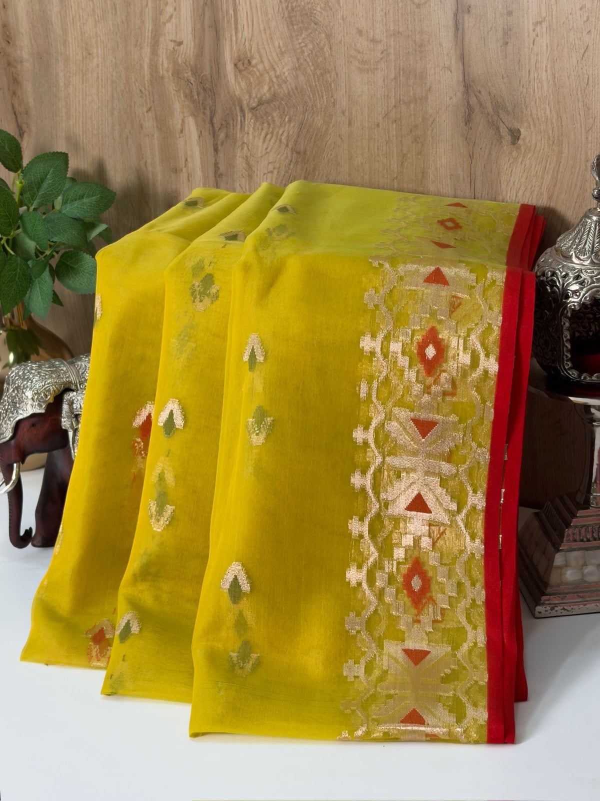 Mustard Yellow Organza Jamdani Patola Saree with Red Geometric Border