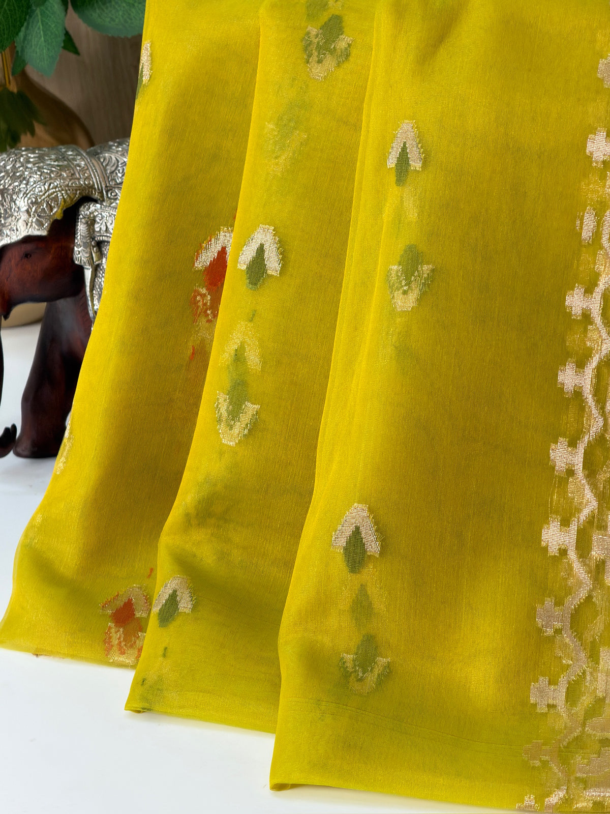 Mustard Yellow Organza Jamdani Patola Saree with Red Geometric Border