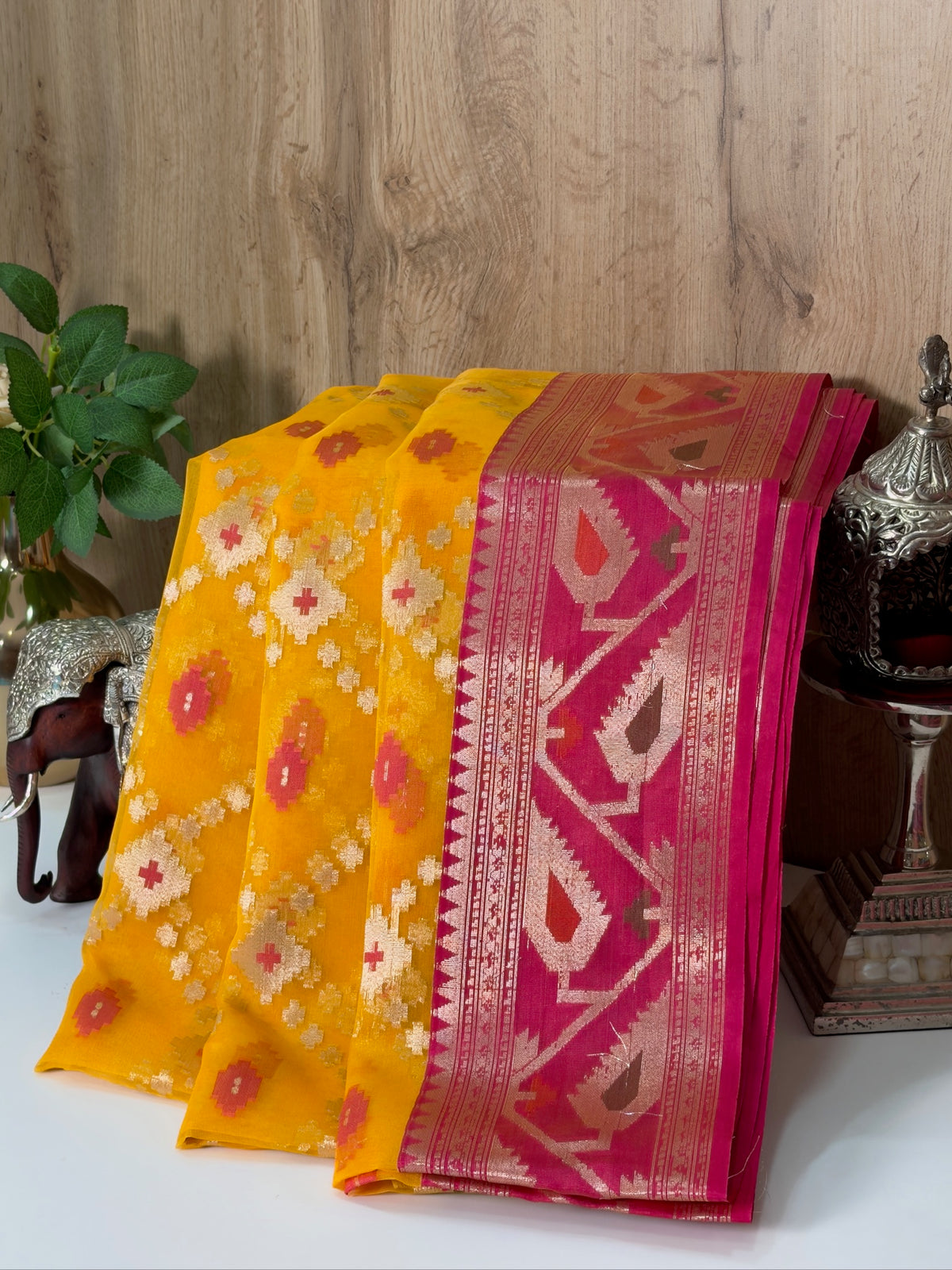 Mustard Yellow Organza Jamdani Patola Saree with Magenta Geometric Border