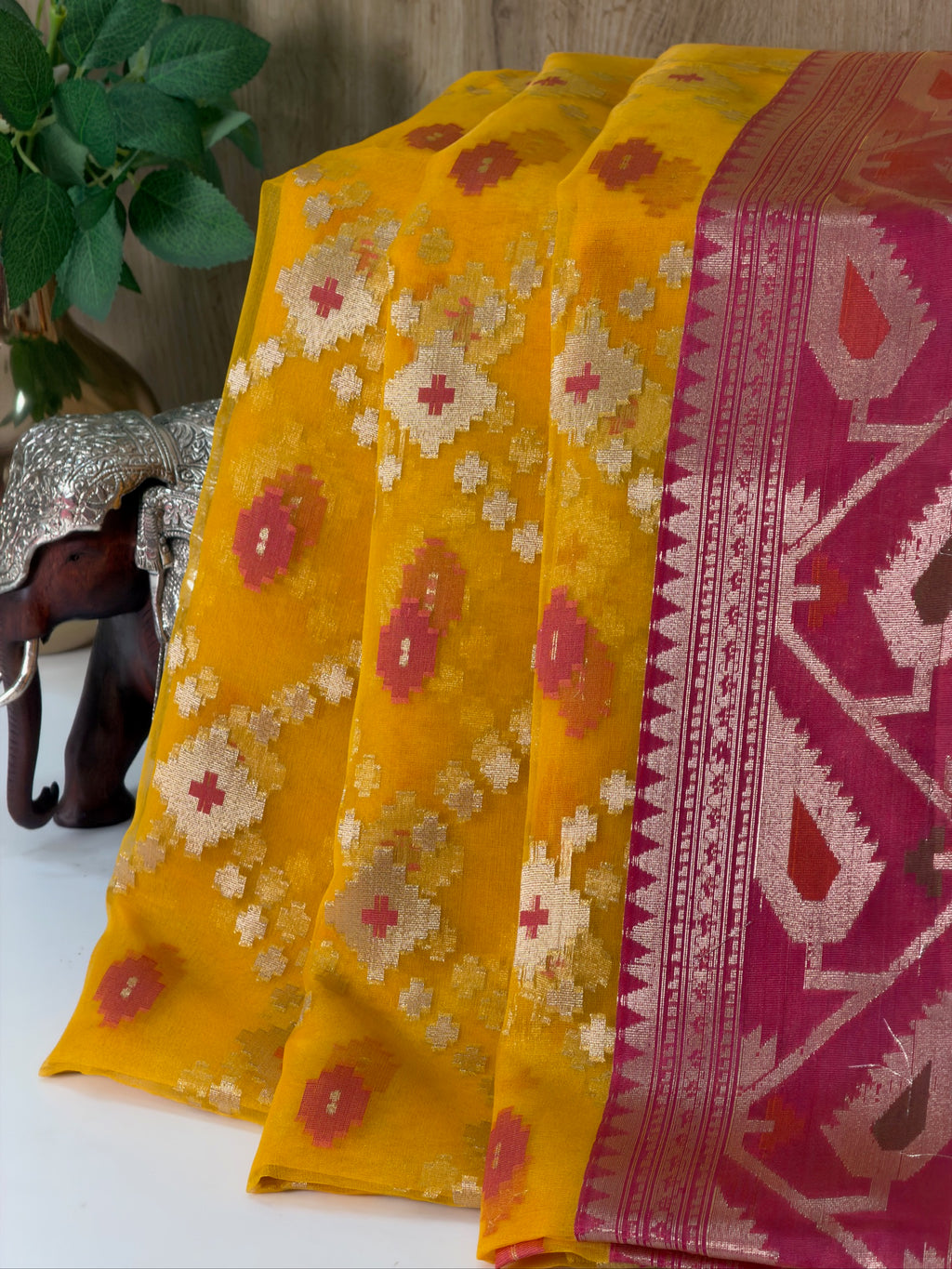 Mustard Yellow Organza Jamdani Patola Saree with Magenta Geometric Border