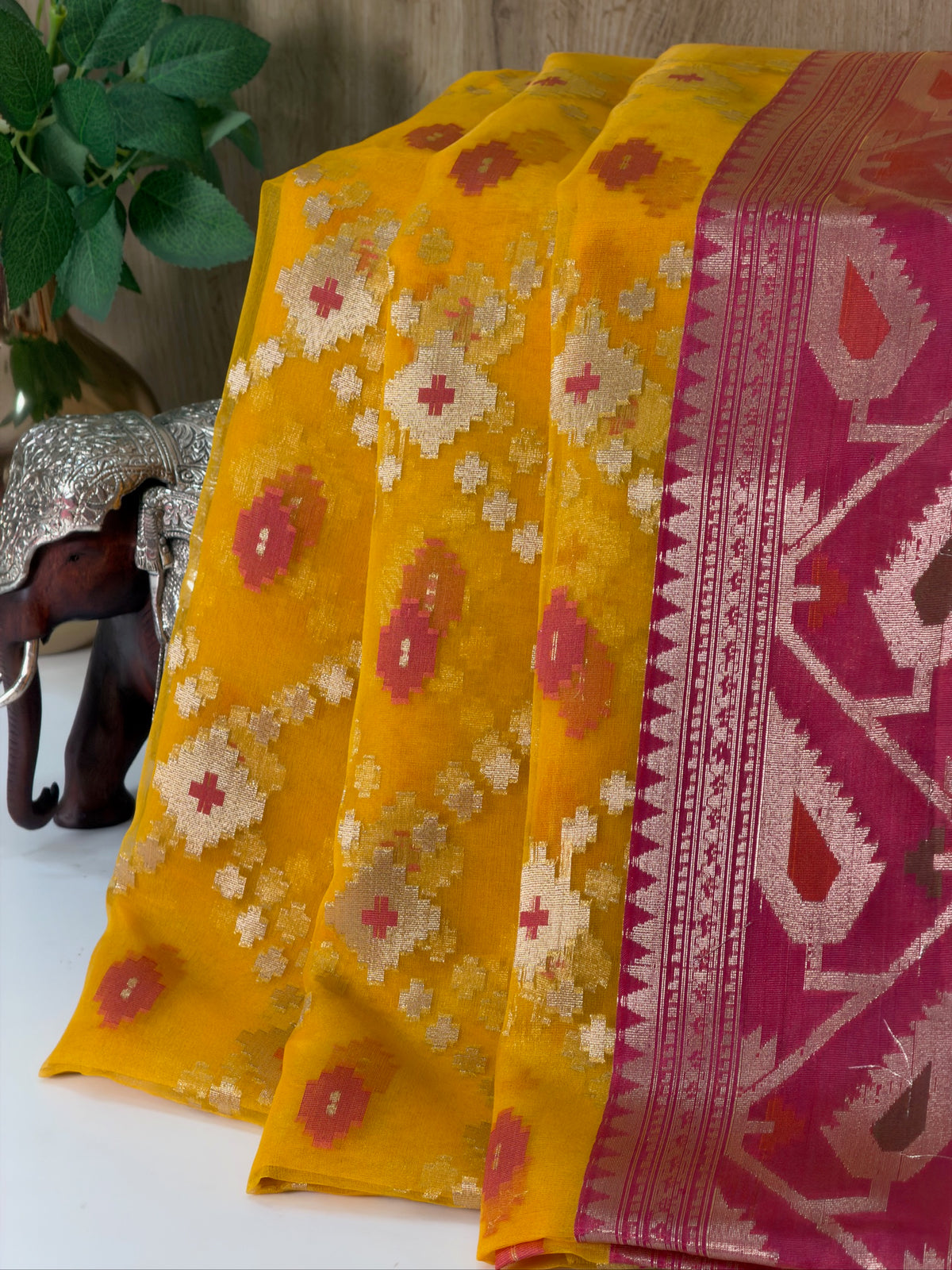 Mustard Yellow Organza Jamdani Patola Saree with Magenta Geometric Border