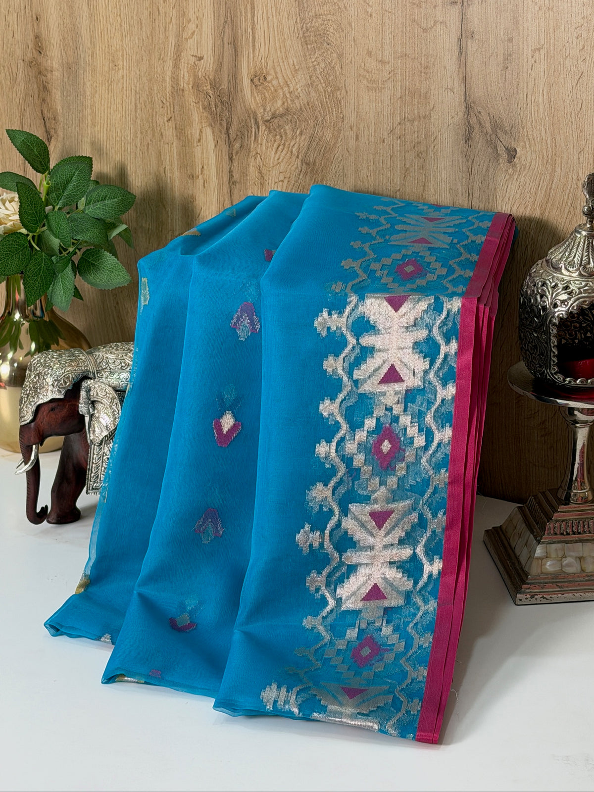Turquoise Blue Organza Jamdani Meenkari Saree with Geometric Border