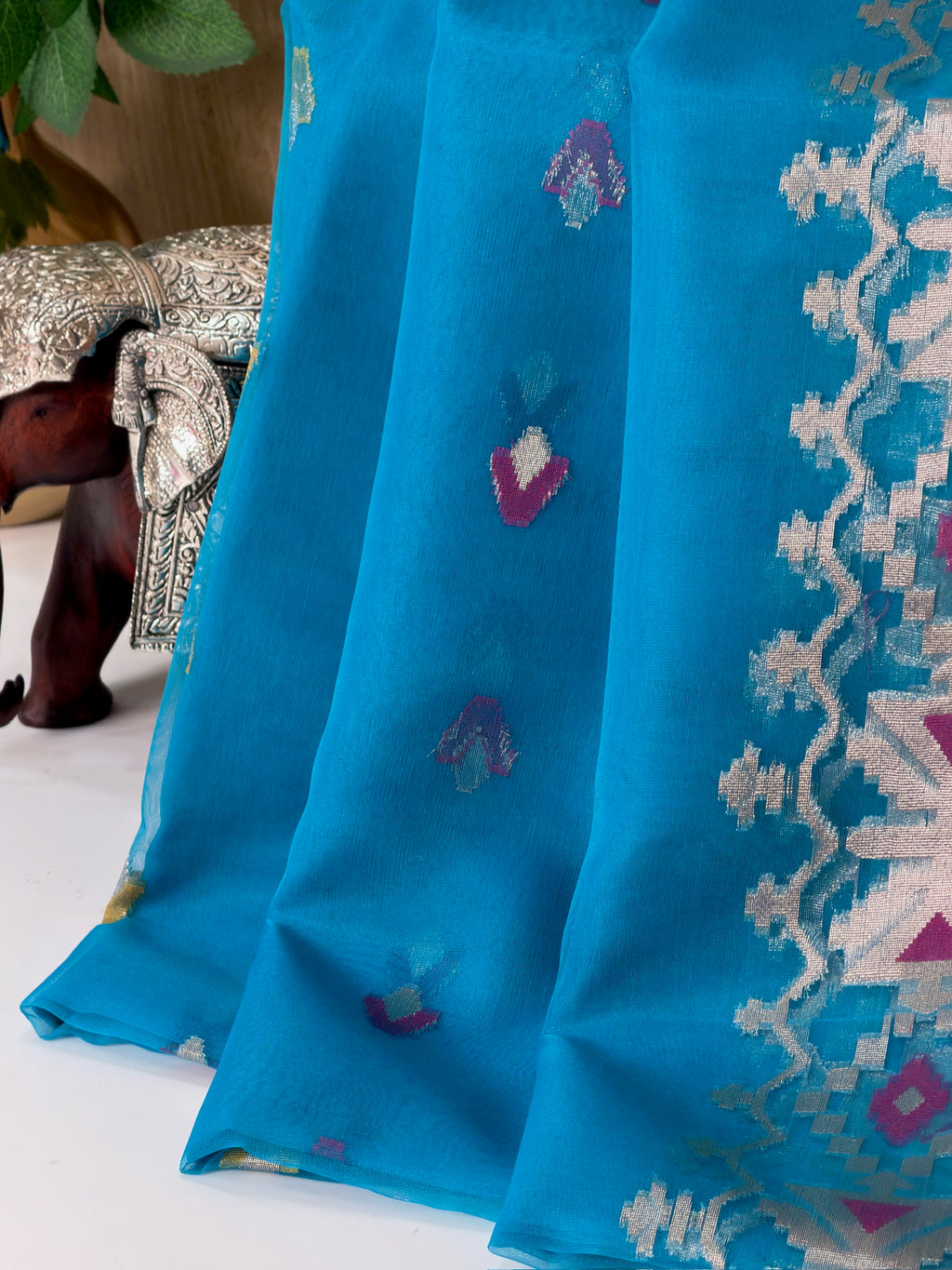 Turquoise Blue Organza Jamdani Meenkari Saree with Geometric Border