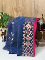Royal Blue Organza Jamdani Meenkari Saree with Geometric Border