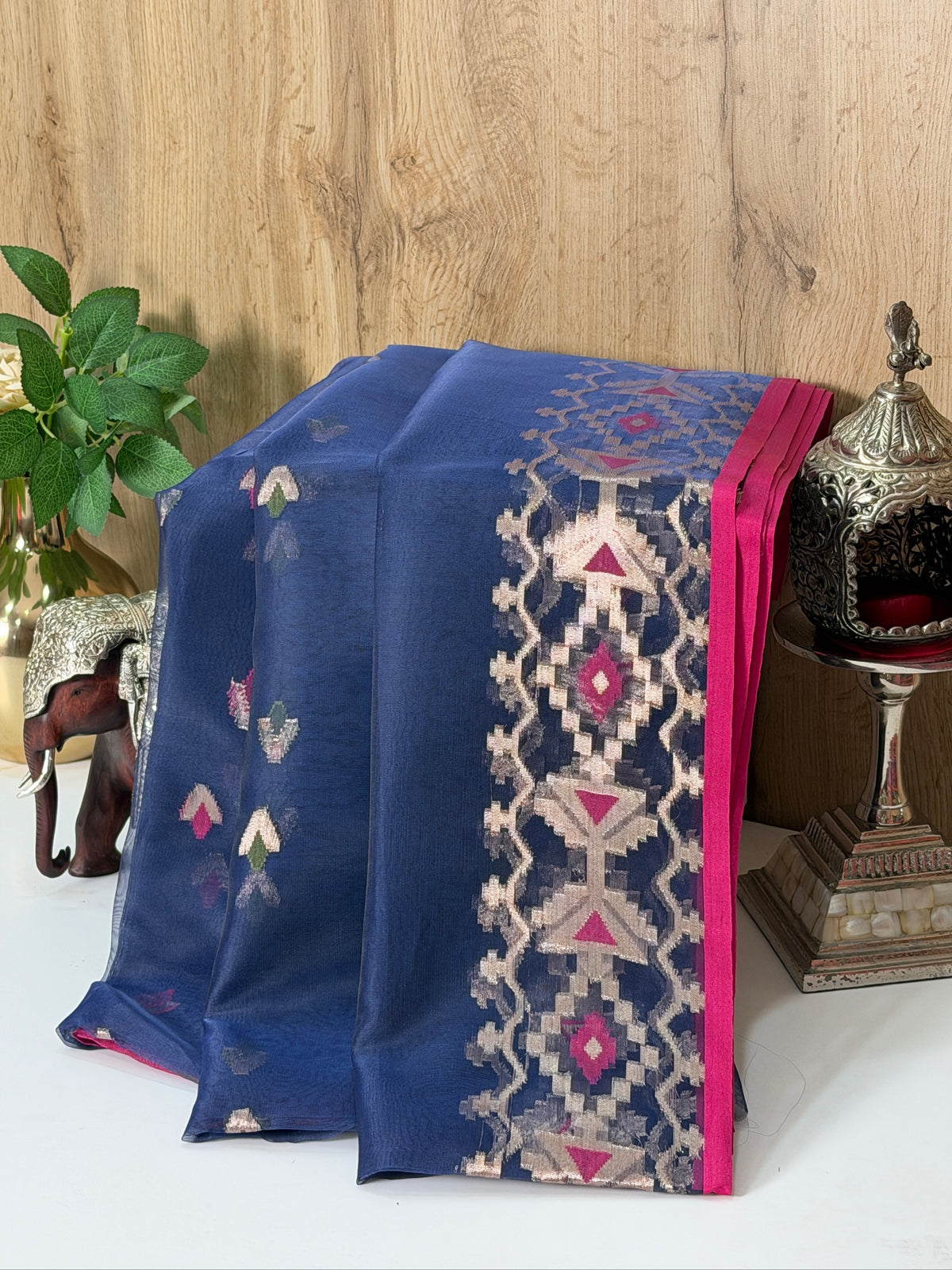 Royal Blue Organza Jamdani Meenkari Saree with Geometric Border