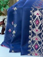 Royal Blue Organza Jamdani Meenkari Saree with Geometric Border