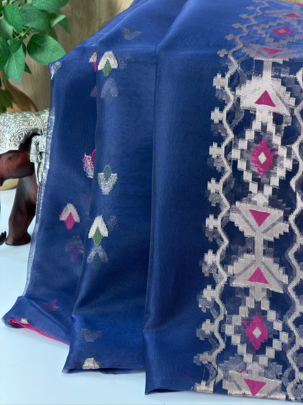 Royal Blue Organza Jamdani Meenkari Saree with Geometric Border