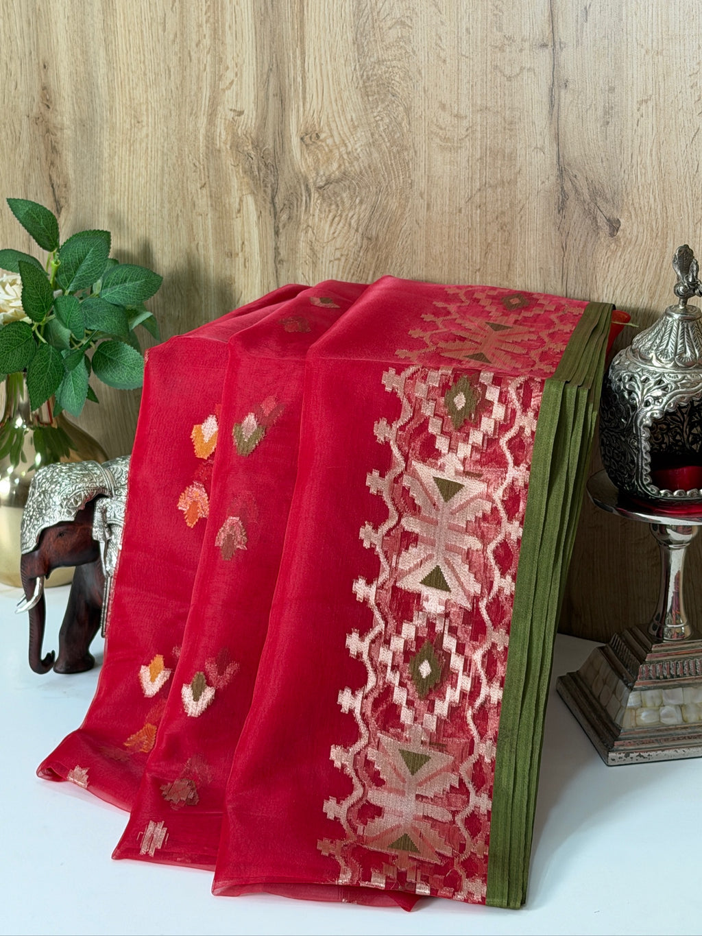 Ruby Red Organza Jamdani Meenkari Saree with Geometric Border Colour: Ruby Red