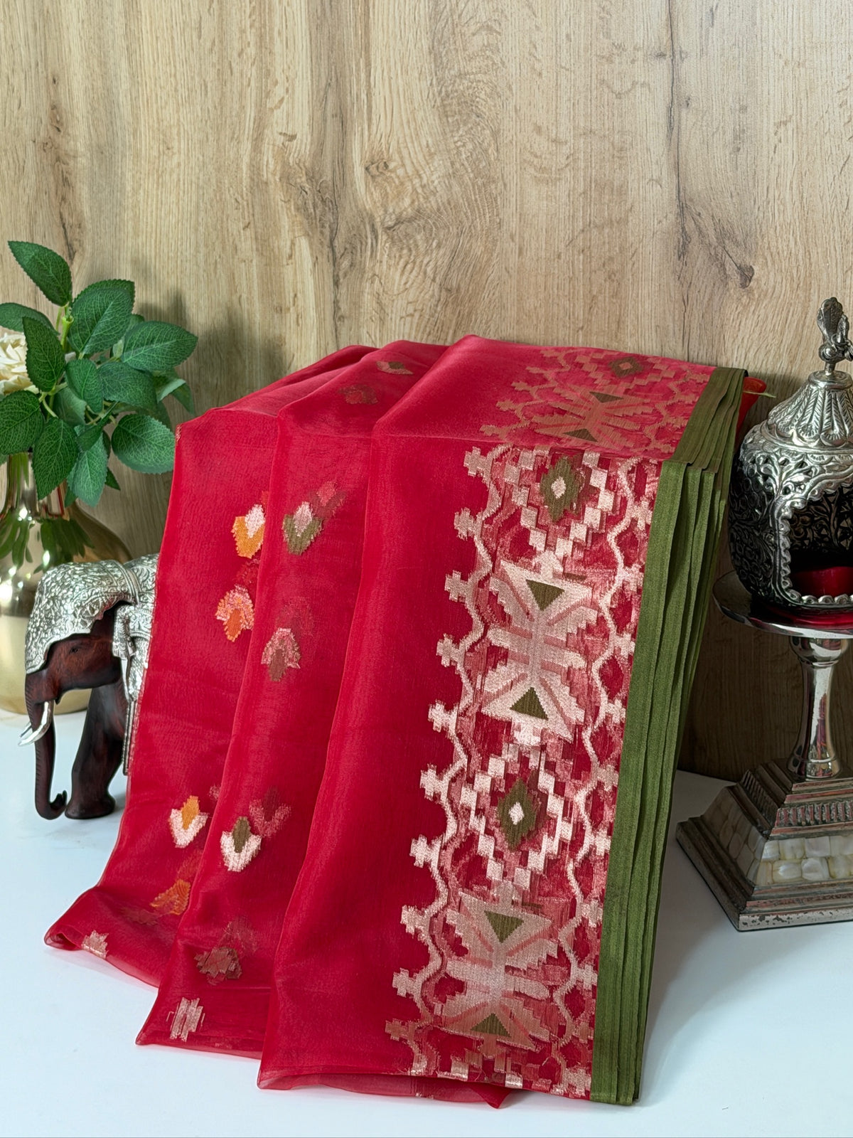 Ruby Red Organza Jamdani Meenkari Saree with Geometric Border Colour: Ruby Red