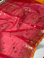 Ruby Red Organza Jamdani Meenkari Saree with Geometric Border Colour: Ruby Red