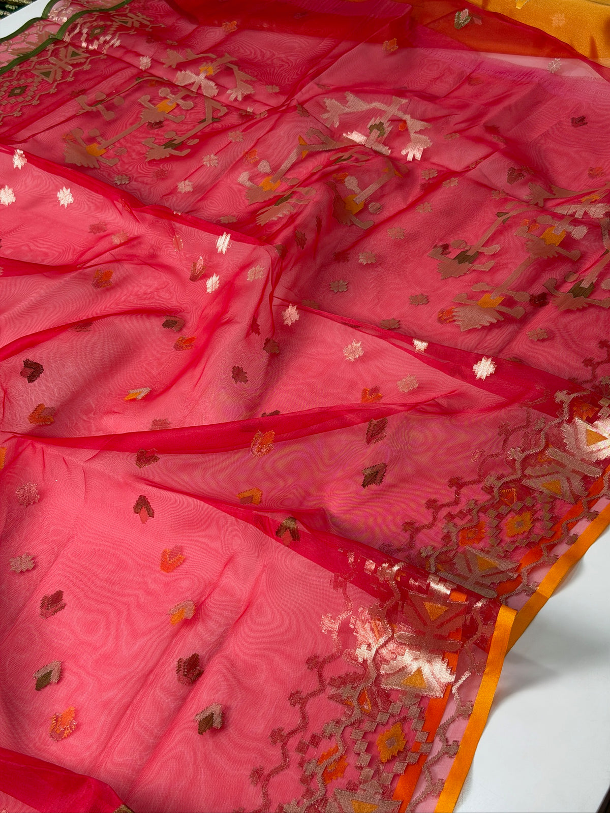 Ruby Red Organza Jamdani Meenkari Saree with Geometric Border Colour: Ruby Red