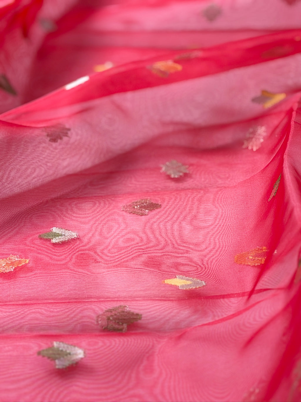 Ruby Red Organza Jamdani Meenkari Saree with Geometric Border Colour: Ruby Red