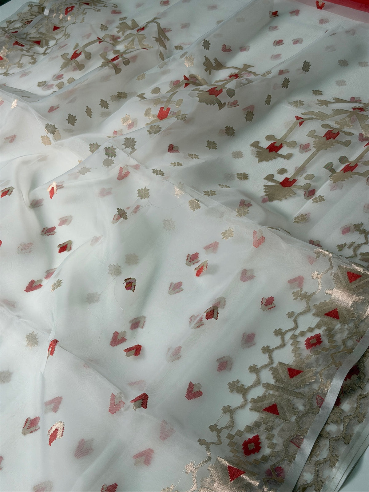 Ivory White Organza Jamdani Patola Saree with Meenkari Border