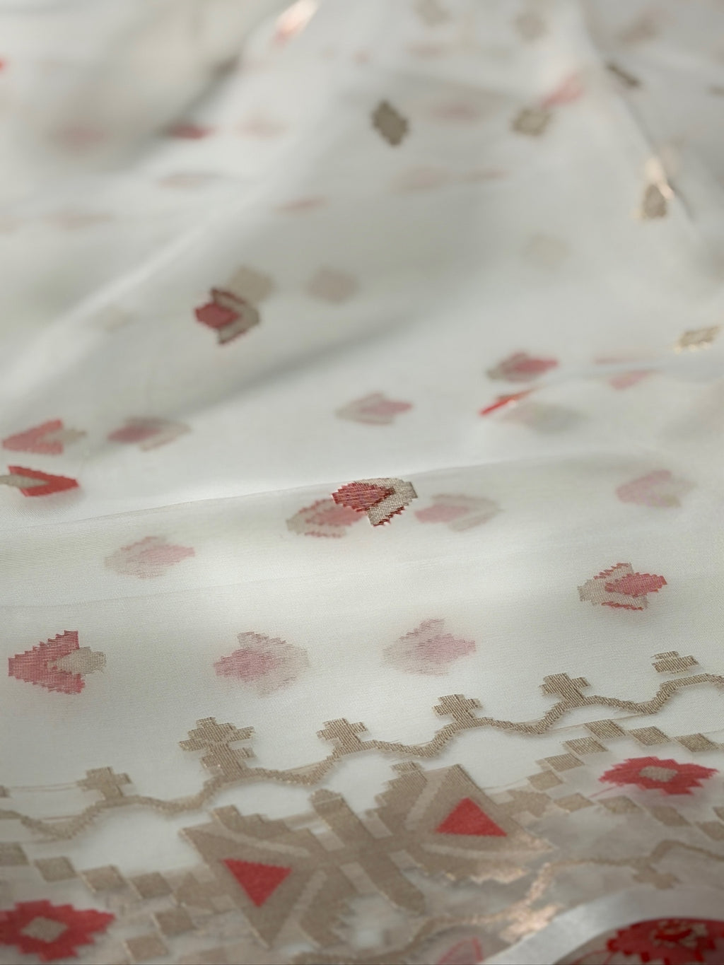 Ivory White Organza Jamdani Patola Saree with Meenkari Border