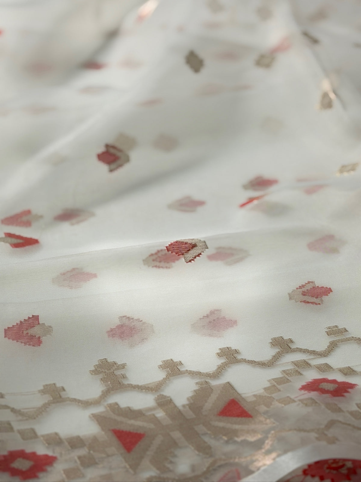 Ivory White Organza Jamdani Patola Saree with Meenkari Border