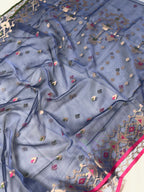 Royal Blue Organza Jamdani Meenkari Saree with Geometric Border