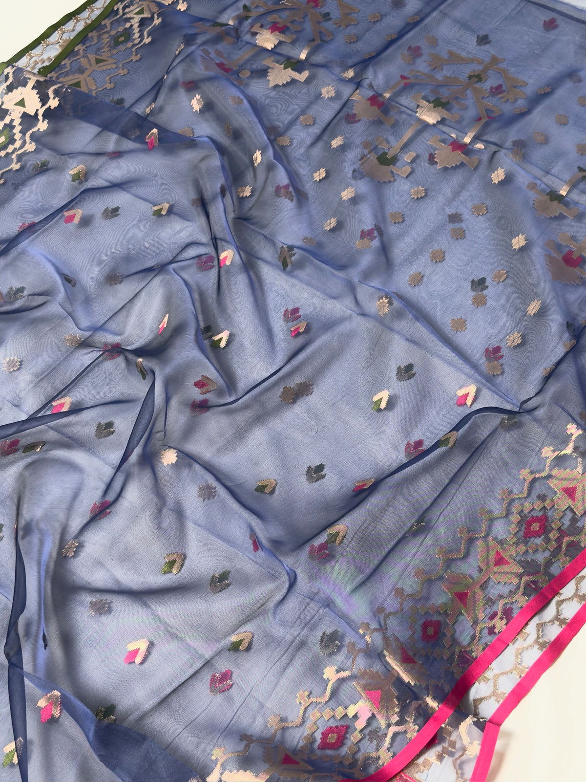 Royal Blue Organza Jamdani Meenkari Saree with Geometric Border