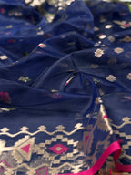 Royal Blue Organza Jamdani Meenkari Saree with Geometric Border