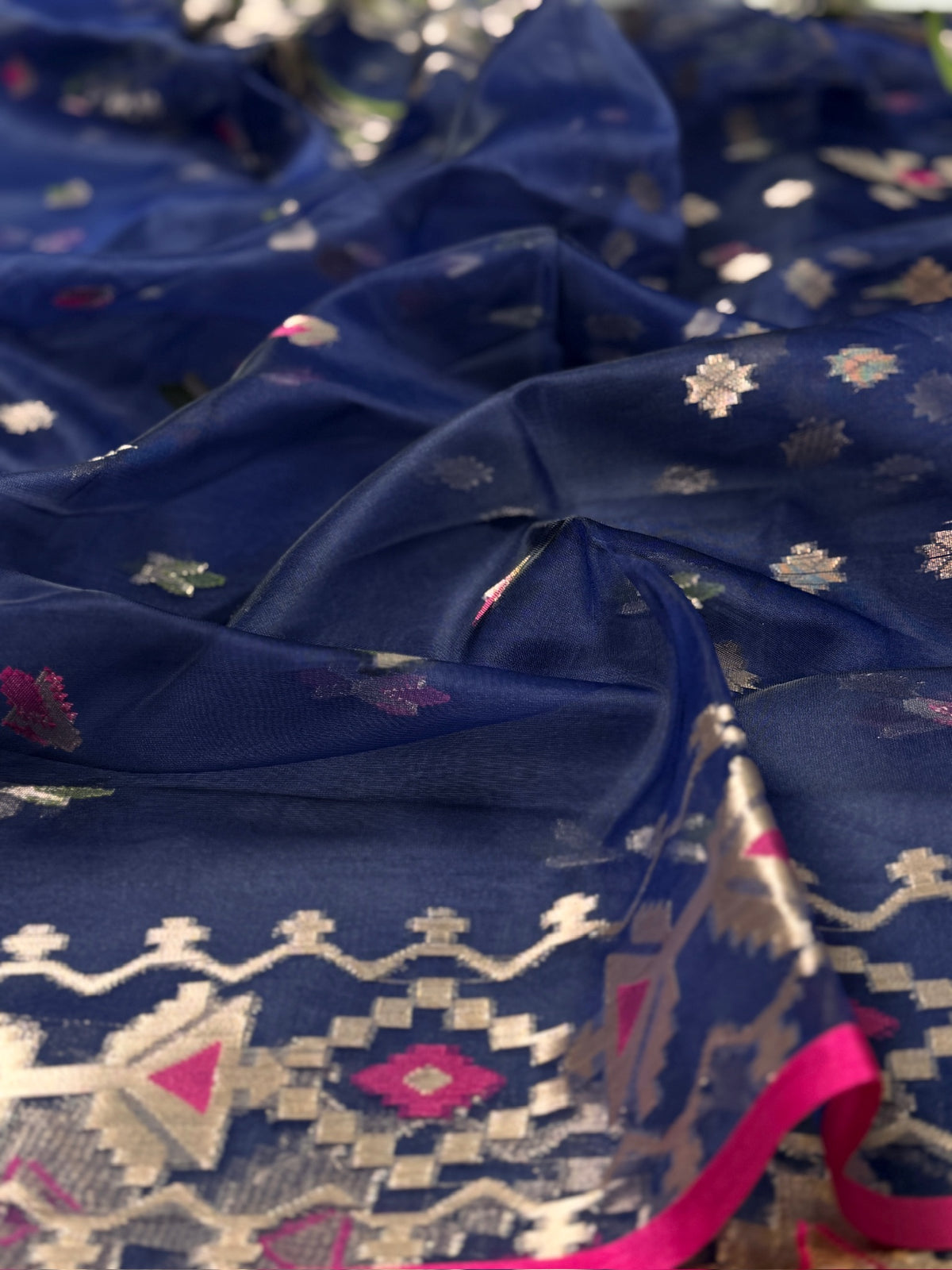Royal Blue Organza Jamdani Meenkari Saree with Geometric Border