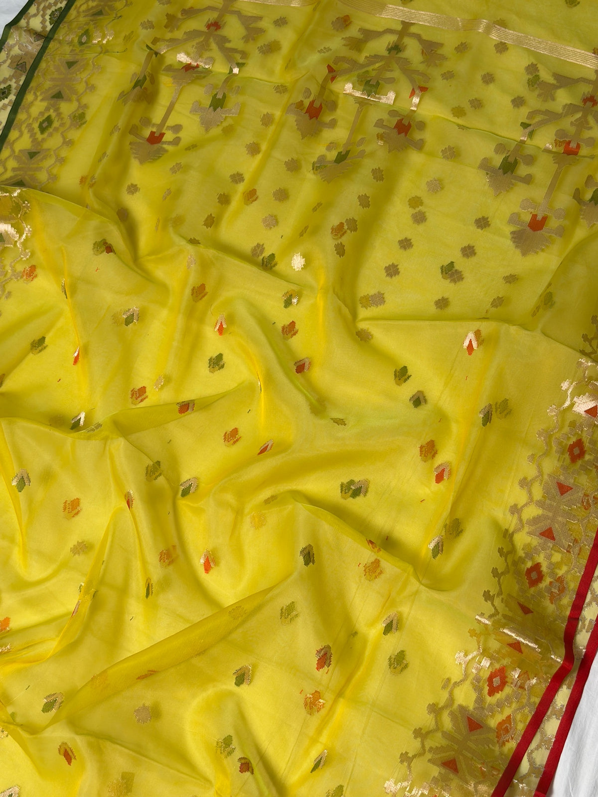 Mustard Yellow Organza Jamdani Patola Saree with Red Geometric Border