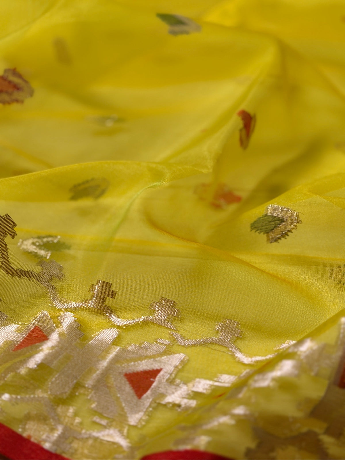 Mustard Yellow Organza Jamdani Patola Saree with Red Geometric Border