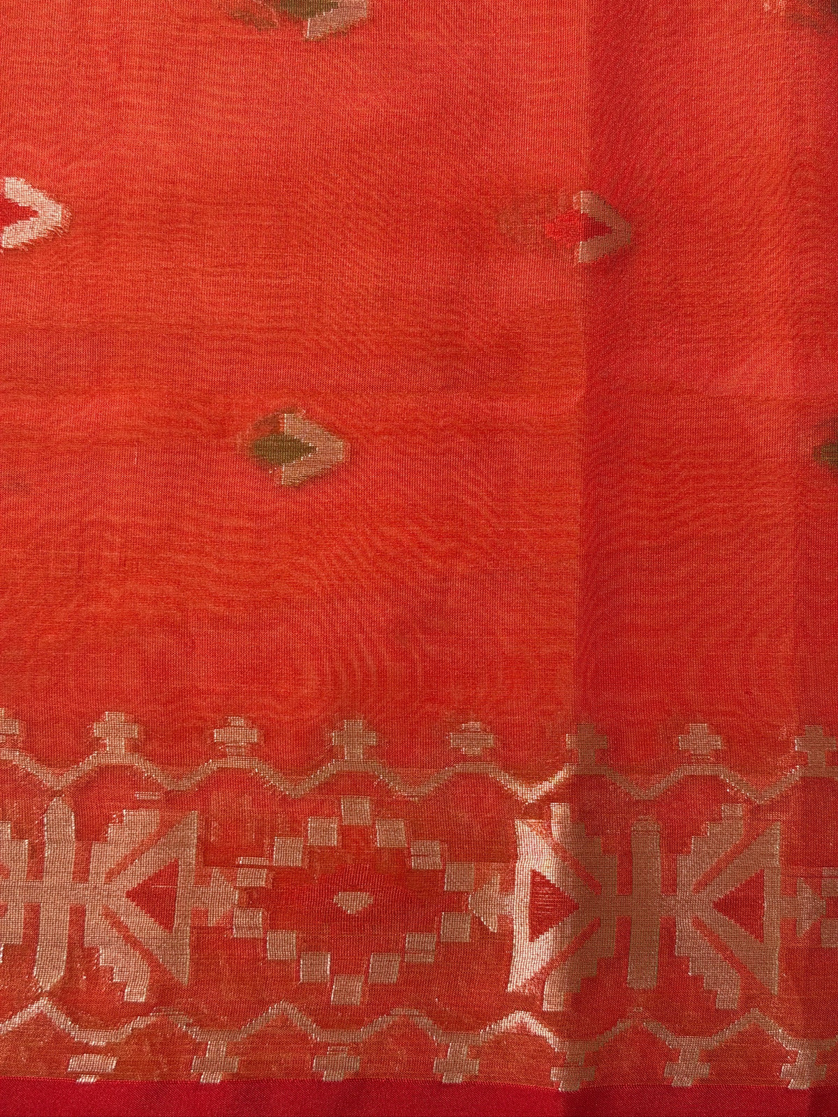 Mustard Yellow Organza Jamdani Patola Saree with Red Geometric Border