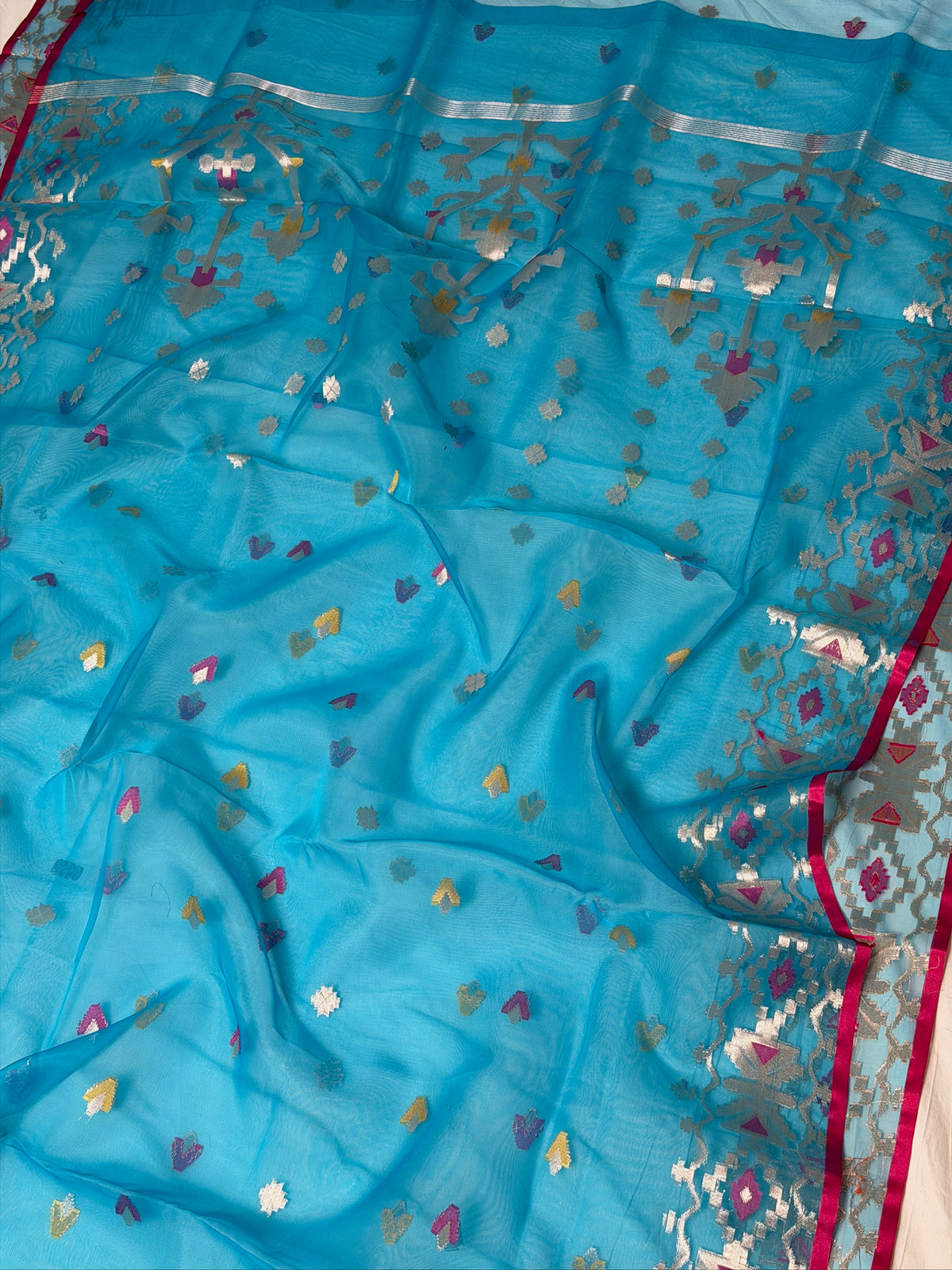 Turquoise Blue Organza Jamdani Meenkari Saree with Geometric Border
