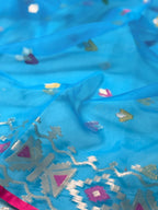 Turquoise Blue Organza Jamdani Meenkari Saree with Geometric Border
