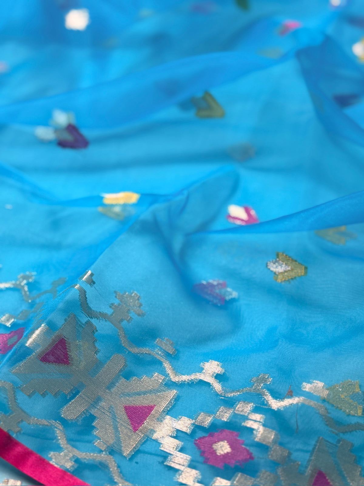 Turquoise Blue Organza Jamdani Meenkari Saree with Geometric Border