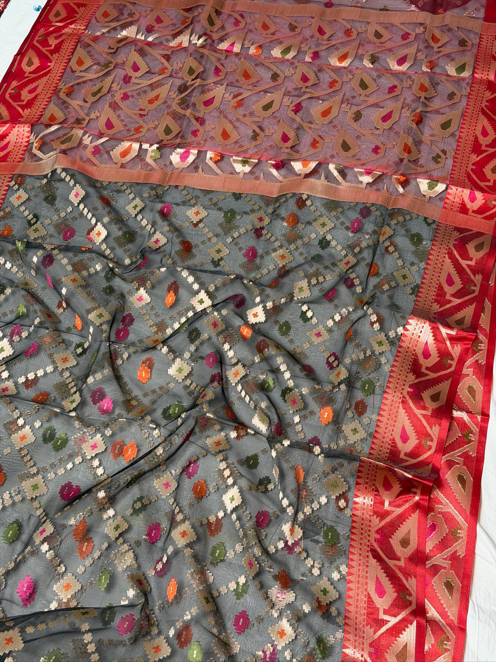 Black Organza Silk Patola Saree with Red Geometric Border